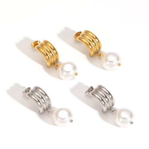 Stainless Steel Drop Earring 304 Stainless Steel with Plastic Pearl Vacuum Ion Plating fashion jewelry & for woman Sold By Pair