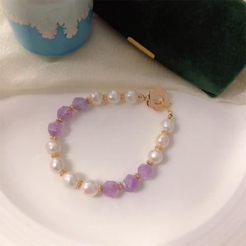 Freshwater Cultured Pearl Bracelet Brass with Amethyst & Plastic Pearl gold color plated fashion jewelry mixed colors nickel lead & cadmium free Length 17 cm Sold By PC