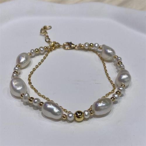 Freshwater Kulturperler Pearl Bracelet, Ferskvandsperle, med Messing, med 5cm extender kæde, guldfarve belagt, mode smykker, gylden, Længde 16 cm, Solgt af PC