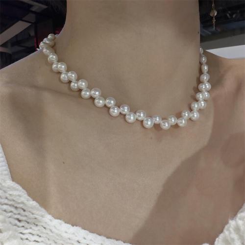 Freshwater Pearl Brass Chain Necklace, Pérolas de água doce, with cobre, cromado de cor dourada, joias de moda, branco, comprimento 40 cm, vendido por PC