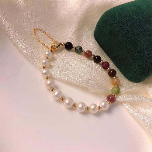 Sötvatten odlade Pearl Bracelet, Freshwater Pearl, med Turmalin & Mässing, guldfärg pläterade, mode smycken, flerfärgad, Längd 18 cm, Säljs av PC