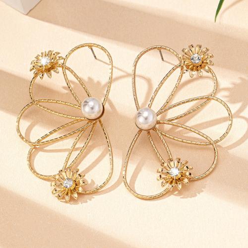 Iron Earring with Plastic Pearl petals plated micro pave cubic zirconia & for woman gold Sold By Pair