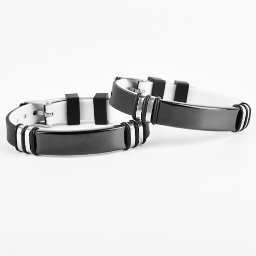 Silikon Armbänder, 304 Edelstahl, mit PU Leder & Silikon, plattiert, unisex, schwarz, Länge ca. 21.5 cm, verkauft von PC