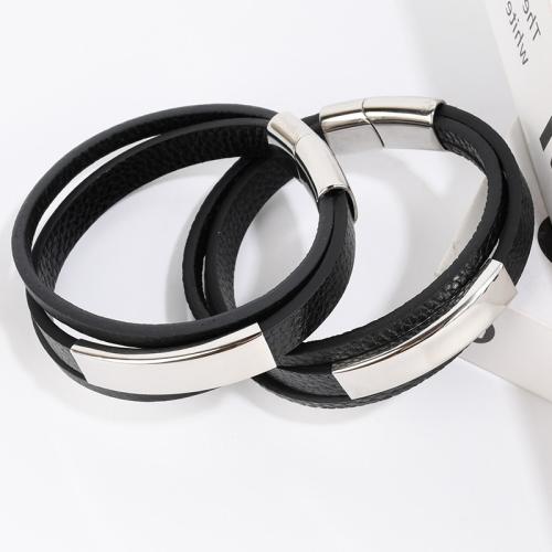 Bracelet cordon en cuir, Acier inoxydable 304, avec Cuir synthétique, Placage, unisexe, noire, Longueur Environ 21.5 cm, Vendu par PC