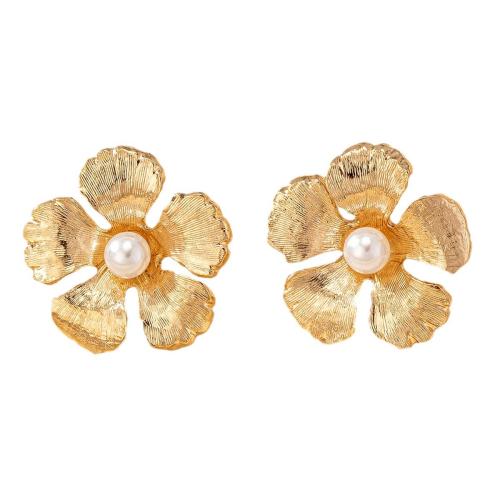 Lo zinco in lega Stud Earring, lega in zinco, with perla in plastica, Petali, placcato, per la donna, oro, Venduto da coppia