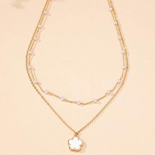 Zinc Alloy Jewelry Necklace with Plastic Pearl & Acrylic petals plated for woman gold Sold By PC