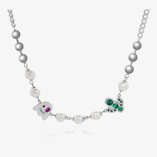 Zinc Alloy Necklace with Plastic Pearl with 4inch extender chain Ghost platinum color plated cross chain & for man & with rhinestone Length Approx 17.7 Inch Sold By PC