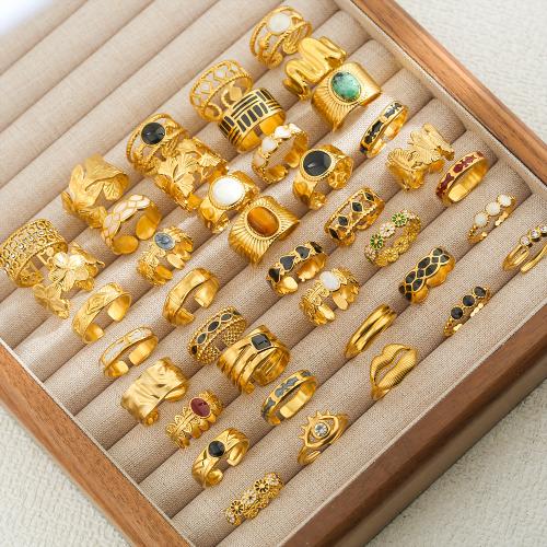 Partículas de acero Anillo de dedo Cuff, con Piedras preciosas, chapado en color dorado, unisexo & ajustable & diferentes estilos para la opción & esmalte, tamaño:6-9, Vendido por UD