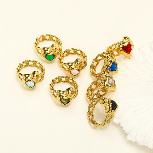 Titanium Steel Finger Ring Heart gold color plated & micro pave cubic zirconia & for woman US Ring Sold By PC