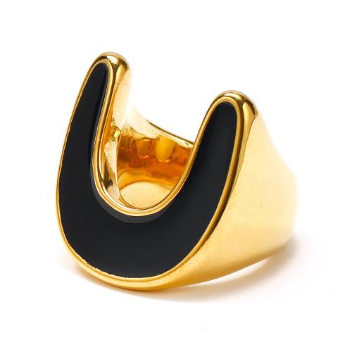 Titanium Staal Finger Ring, met Abalone Schelp, Letter U, gold plated, verschillende grootte voor keus & verschillende stijlen voor de keuze & voor vrouw & glazuur & met strass, Maat:6-10, Verkocht door PC