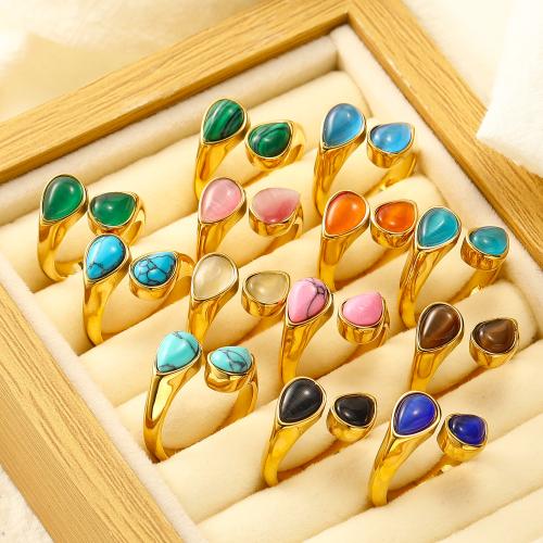 Titanium Staal Finger Ring, met turkoois & Cats Eye & Malachiet, Geometrisch Patroon, gold plated, verschillende grootte voor keus & verschillende stijlen voor de keuze & voor vrouw, Maat:6-7, Verkocht door PC