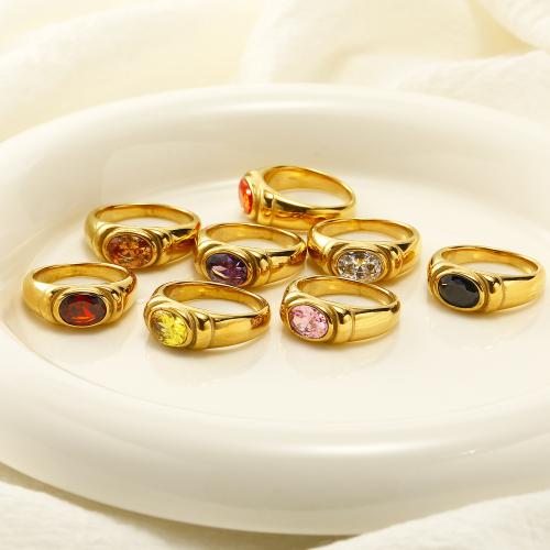 Titanium Steel Finger Ring Oval gold color plated & micro pave cubic zirconia & for woman US Ring Sold By PC