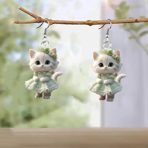 Acrylic Drop Earring Cat printing cute & for woman Sold By Pair