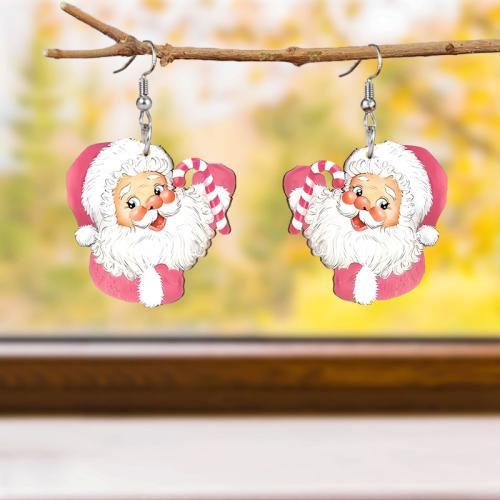 Christmas Earrings Acrylic Santa Claus printing Christmas Design & cute & for woman pink Sold By Pair