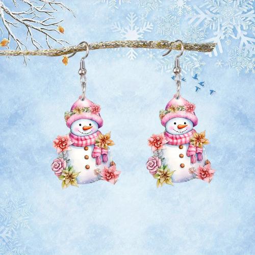 Christmas Earrings Acrylic Snowman printing Christmas Design & cute & for woman Sold By Pair