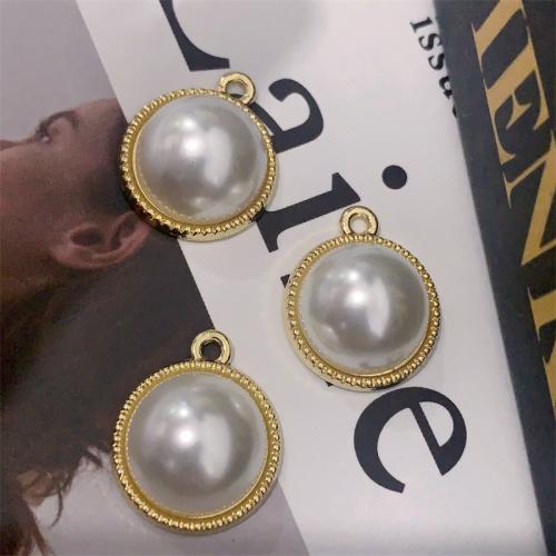 Zinc Alloy Pendants with Plastic Pearl Round gold color plated DIY white Sold By Bag