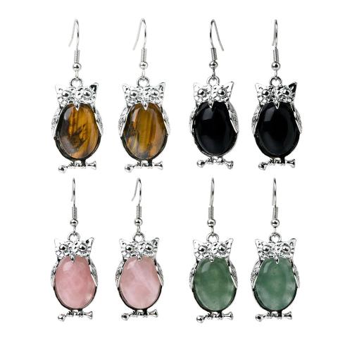 Natural Gemstone Earrings Natural Stone with Zinc Alloy Owl plated fashion jewelry & for woman Sold By Pair