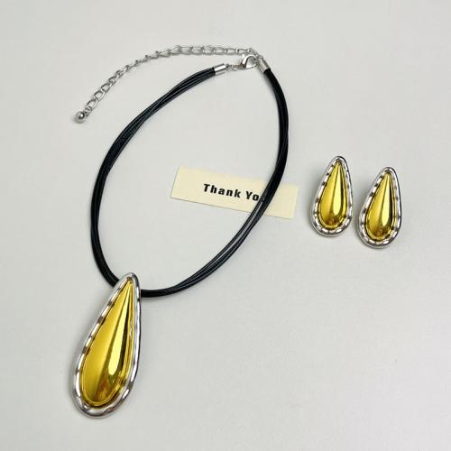 Zinc Alloy Jewelry Sets Stud Earring & necklace with leather cord Teardrop plated & for woman & two tone Sold By PC