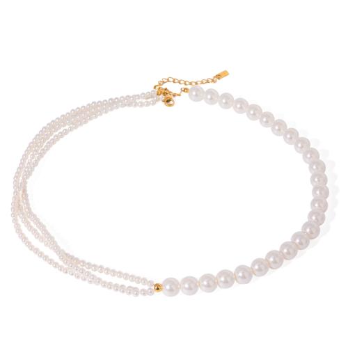 Plastic Pearl Necklace with 304 Stainless Steel plated Double Layer & fashion jewelry & for woman white Sold By PC