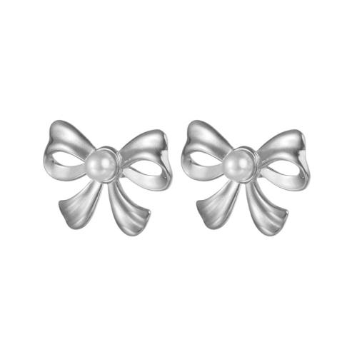 Stainless Steel Stud Earrings 304 Stainless Steel with Plastic Pearl Bowknot plated for woman Sold By Pair