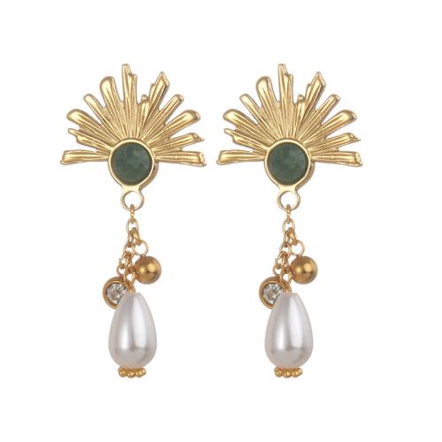 Roestvrij staal Stud Earrings, 304 roestvrij staal, met Edelsteen & Plastic Pearl, plated, voor vrouw, goud, Verkocht door pair