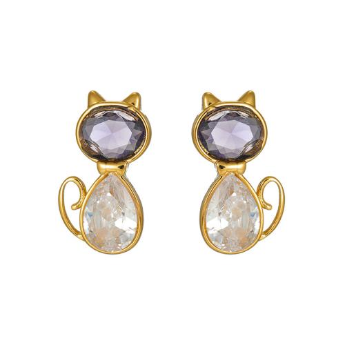 Orecchini in acciaio inossidabile, 304 acciaio inox, Gatto, placcato, Micro spianare cubic zirconia & per la donna, oro, Venduto da coppia