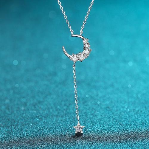 925 Sterling Silver Necklace with Moissanite Moon and Star oval chain & for woman Length Approx 18 Inch Sold By PC