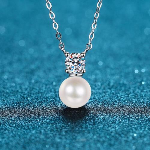 925 Sterling Silver Necklace with Moissanite & Freshwater Pearl oval chain & for woman Length Approx 18 Inch Sold By PC