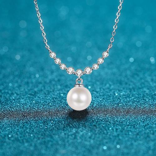 925 Sterling Silver Necklace with Moissanite & Freshwater Pearl cross chain & for woman Length Approx 18 Inch Sold By PC