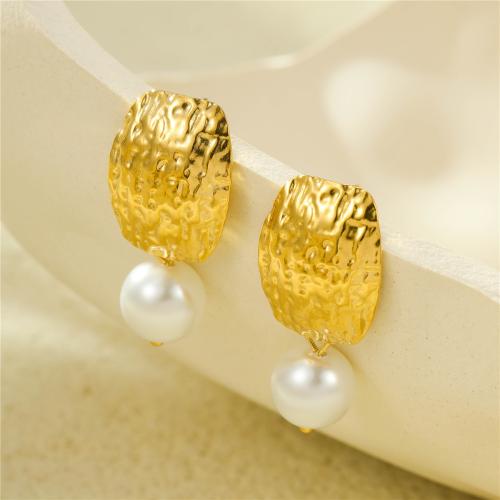 Roestvrij staal Stud Earrings, 304 roestvrij staal, met Plastic Pearl, 18K verguld, mode sieraden & voor vrouw, gouden, 33x15mm, Verkocht door pair