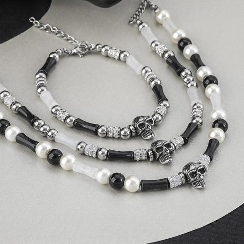 Sieraden Sets, Titanium Staal, met Agaat & Plastic Pearl, met 5cm extender keten, mode sieraden & uniseks & verschillende stijlen voor de keuze & micro pave zirconia, oorspronkelijke kleur, Lengte Ca 55 cm, Ca 19 cm, Verkocht door PC