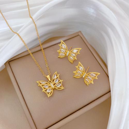 Sets de Joyas, Partículas de acero, con 5cm extender cadena, Mariposa, diferentes estilos para la opción & para mujer & con diamantes de imitación, dorado, longitud aproximado 40 cm, Vendido por UD