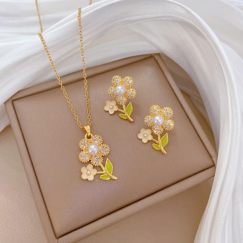 Jewelry Sets Titanium Steel with Plastic Pearl Flower & for woman & enamel & with rhinestone golden Length Approx 40 cm Sold By PC