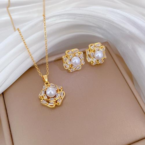 Jewelry Sets Titanium Steel with Plastic Pearl with 5cm extender chain & for woman & with rhinestone golden Length Approx 40 cm Sold By PC