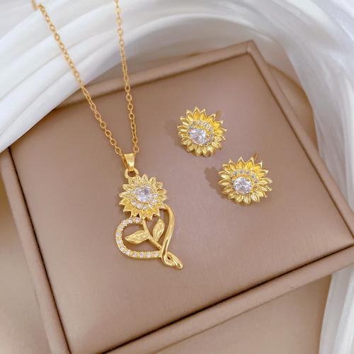 Jewelry Sets Titanium Steel with 5cm extender chain Flower & for woman & with rhinestone golden Length Approx 40 cm Sold By PC