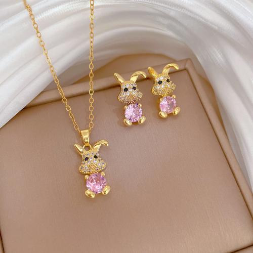 Jewelry Sets Titanium Steel with 5cm extender chain Rabbit & for woman & with rhinestone golden Length Approx 40 cm Sold By PC