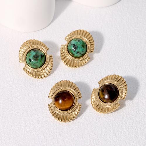 Stainless Steel Stud Earrings 304 Stainless Steel with Natural Stone 18K gold plated fashion jewelry & for woman golden Sold By Pair