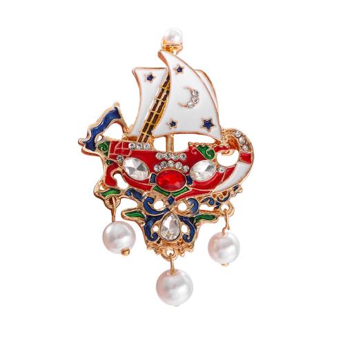 Zinklegering broches, Zinc Alloy, met Plastic Pearl, voor vrouw & glazuur & met strass, 37x61mm, Verkocht door PC