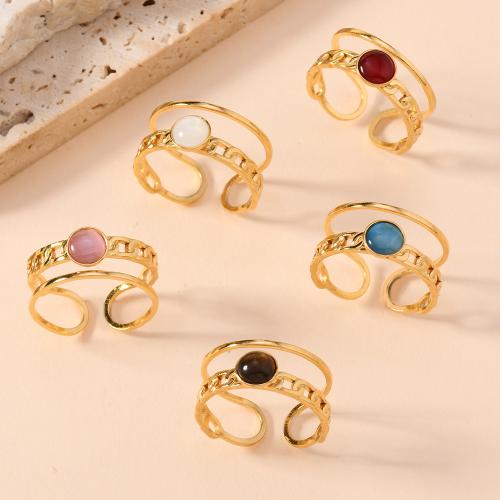 Stainless Steel Finger Ring 304 Stainless Steel with Natural Stone 18K gold plated fashion jewelry & Unisex golden diameter 17mm Sold By PC