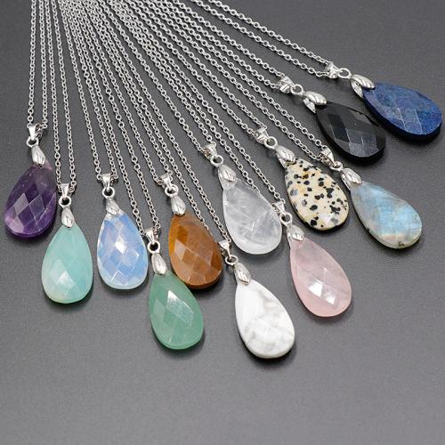 Gemstone Pendants Jewelry Natural Stone with Brass & Iron Teardrop silver color plated DIY Sold By PC