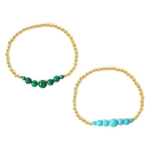 Bracelets de pierres précieuses, laiton, avec turquoise & Malachite, Rond, Placage de couleur d'or, bijoux de mode & pour femme, plus de couleurs à choisir, protéger l'environnement, sans nickel, plomb et cadmium, Longueur Environ 17.5 cm, Vendu par PC