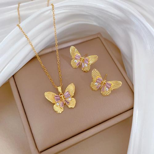 Brass Jewelry Set with Titanium Steel Butterfly plated & for woman & with rhinestone golden Sold By PC