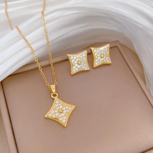 Brass Jewelry Set Titanium Steel with Brass Rhombus plated & for woman & with rhinestone golden Sold By PC