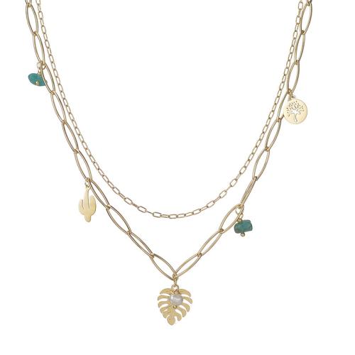 304 Stainless Steel Necklace with Natural Stone & Plastic Pearl Leaf gold color plated Double Layer & for woman Sold By PC