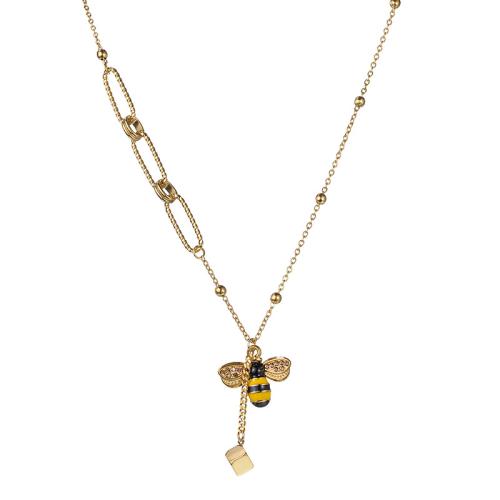 Acier titane collier, avec 2.6inch chaînes de rallonge, abeille, Placage de couleur d'or, pour femme & émail, Longueur Environ 16.3 pouce, Vendu par PC