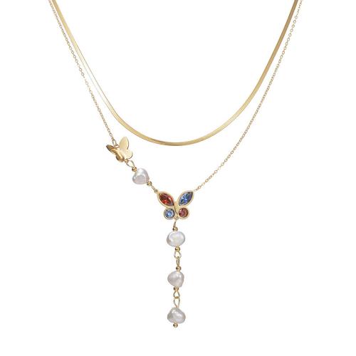 Acier inoxydable 304 collier, avec perle de plastique, papillon, Placage, Double couche & pour femme & avec strass, plus de couleurs à choisir, Vendu par PC