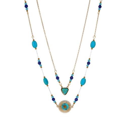 Acier inoxydable 304 collier, avec turquoise, avec 2.2inch chaînes de rallonge, Placage de couleur d'or, Double couche & pour femme, Longueur Environ 15.9 pouce, Vendu par PC