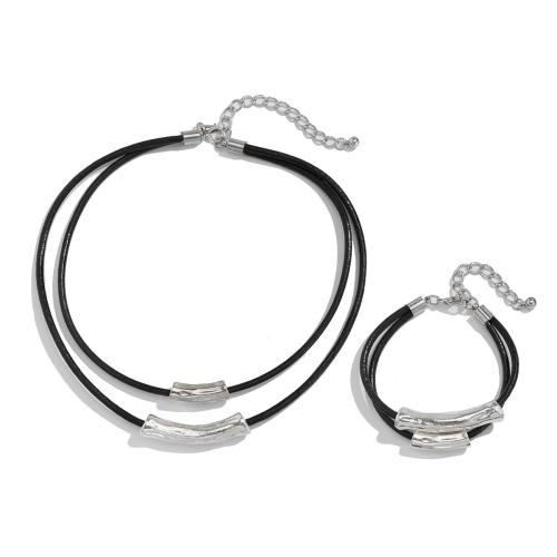 Zinc Alloy Jewelry Sets with leather cord with 7 5cm extender chain platinum color plated fashion jewelry & for woman black Length Approx 41 cm Approx 17 cm Sold By PC