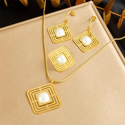 Fashion Stainless Steel Jewelry Sets 304 Stainless Steel with Plastic Pearl with 6cm extender chain & for woman & hollow golden Length Approx 41 cm Sold By PC