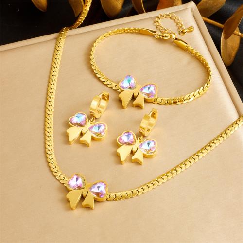 Fashion Stainless Steel Jewelry Sets 304 Stainless Steel with Glass Bowknot fashion jewelry & for woman golden Sold By PC